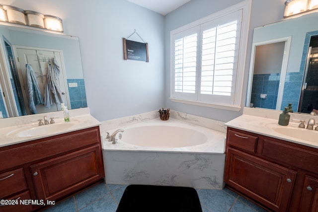 bathroom featuring shower with separate bathtub, tile patterned floors, and vanity