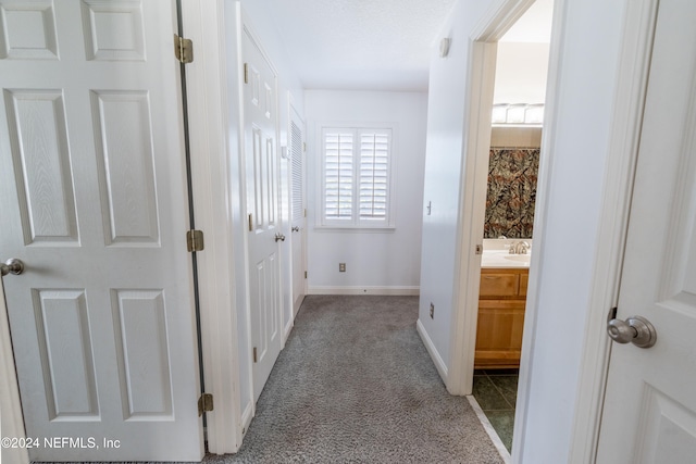 hall featuring carpet floors and sink