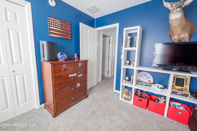 recreation room with light carpet and a textured ceiling