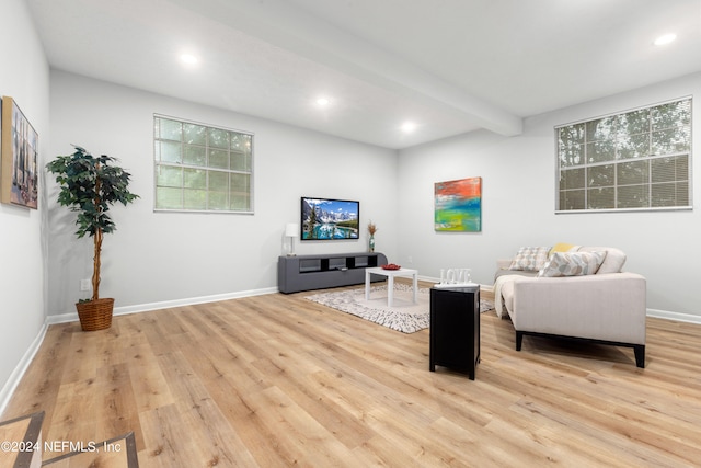 living room featuring beam ceiling and light hardwood / wood-style flooring