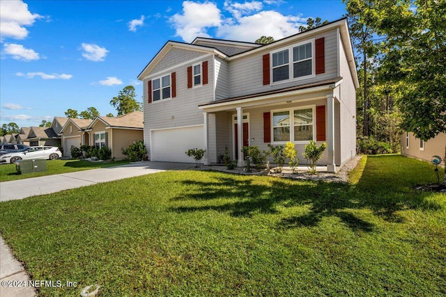 view of front of home featuring a front lawn, a porch, and a garage