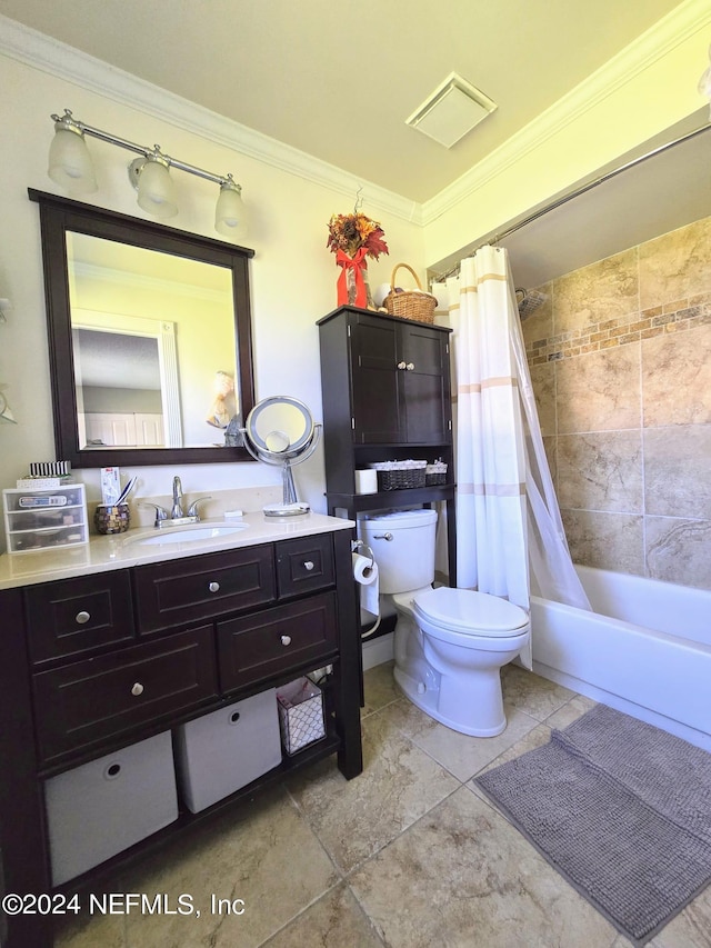 full bathroom with vanity, ornamental molding, shower / bathtub combination with curtain, tile patterned floors, and toilet