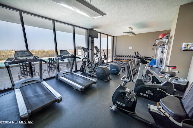 exercise room with a textured ceiling and floor to ceiling windows