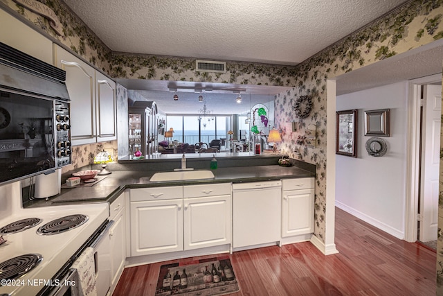 kitchen with wood-type flooring, a textured ceiling, and white appliances