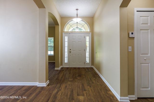 foyer featuring dark wood-type flooring and a textured ceiling