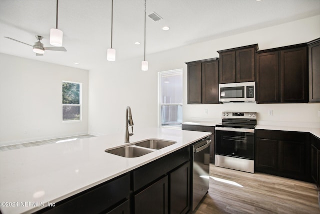 kitchen featuring dark brown cabinetry, sink, light hardwood / wood-style flooring, appliances with stainless steel finishes, and pendant lighting