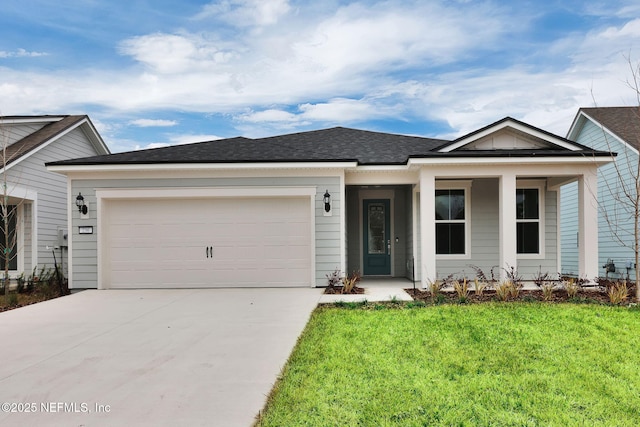 ranch-style home featuring a front lawn, a porch, roof with shingles, concrete driveway, and an attached garage