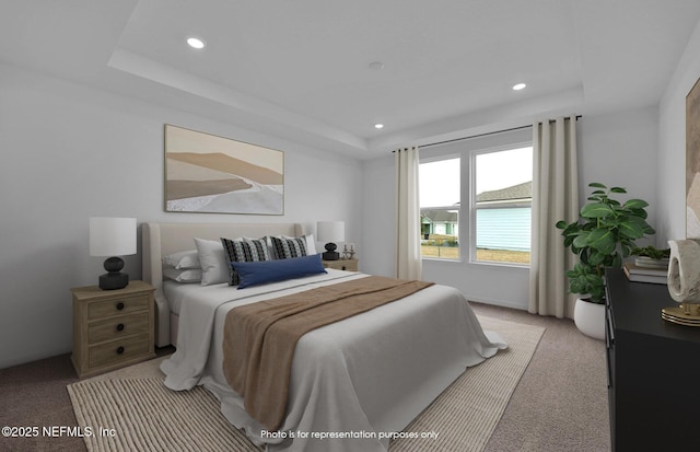 bedroom with light carpet, recessed lighting, and a raised ceiling