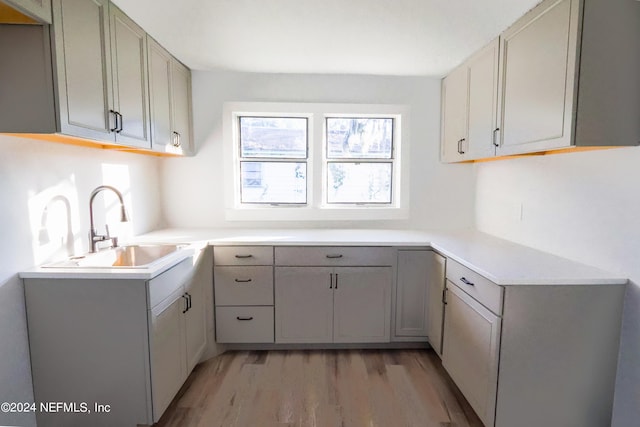 kitchen with gray cabinets, light hardwood / wood-style flooring, and sink