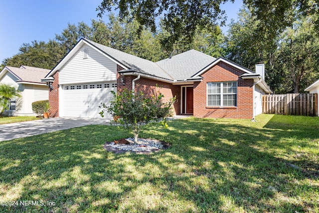 ranch-style house with a front yard and a garage