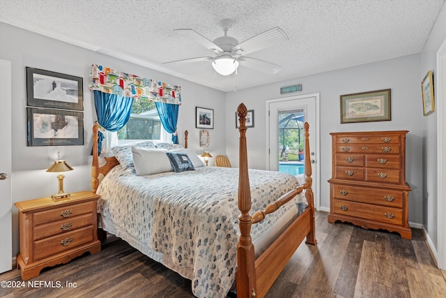 bedroom featuring ceiling fan, multiple windows, access to outside, and dark hardwood / wood-style flooring