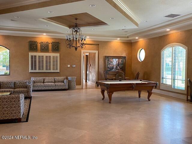 rec room with crown molding, billiards, a healthy amount of sunlight, and a raised ceiling