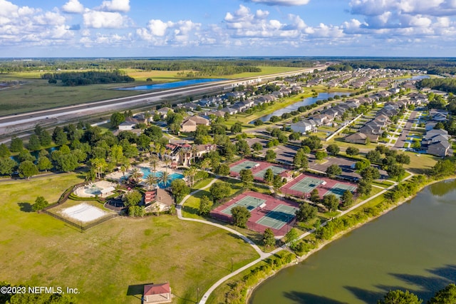 aerial view featuring a water view