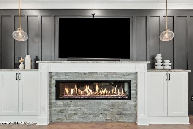 room details with a stone fireplace and wood-type flooring