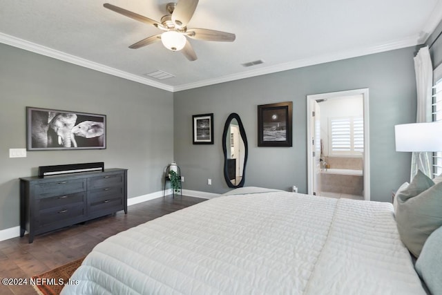 bedroom featuring dark hardwood / wood-style flooring, ornamental molding, connected bathroom, and ceiling fan