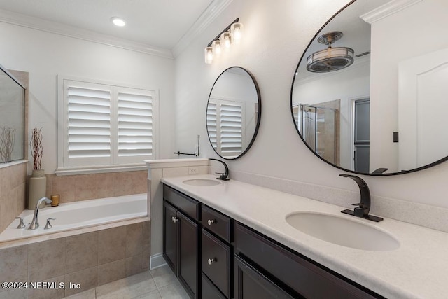 bathroom featuring vanity, crown molding, tile patterned flooring, and plus walk in shower