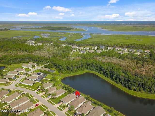 drone / aerial view featuring a water view