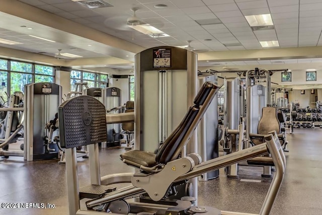 exercise room featuring a paneled ceiling, visible vents, and a ceiling fan