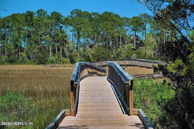 surrounding community with a dock and a view of trees
