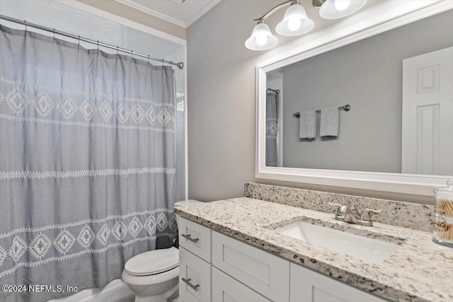 bathroom featuring a shower with curtain, ornamental molding, toilet, and vanity