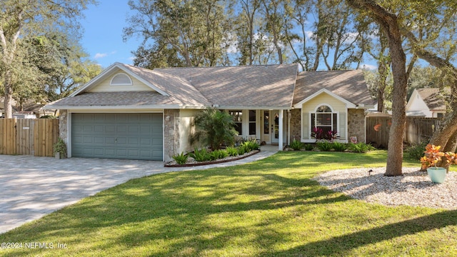 ranch-style home featuring a front lawn and a garage