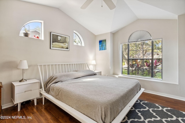 bedroom with ceiling fan, lofted ceiling, and dark hardwood / wood-style flooring