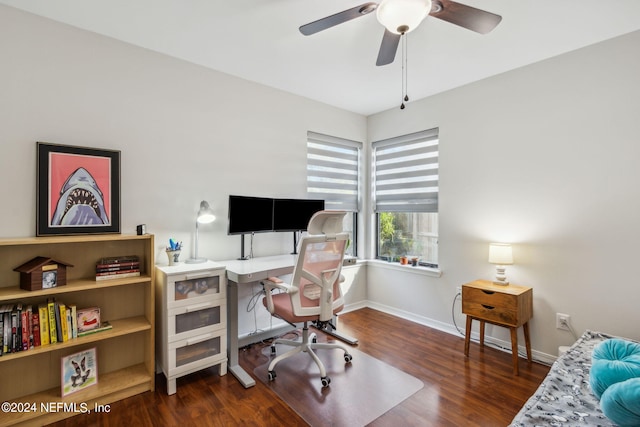 home office featuring ceiling fan and dark hardwood / wood-style flooring