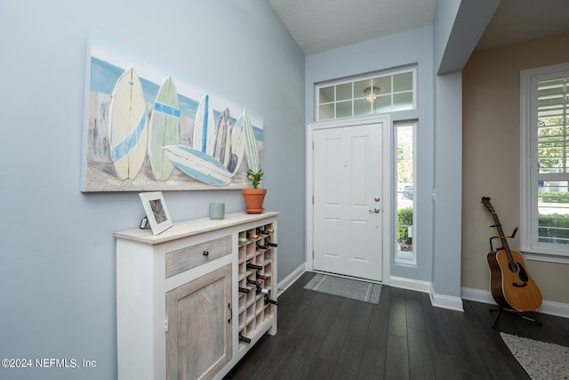 foyer with dark wood-type flooring and a textured ceiling