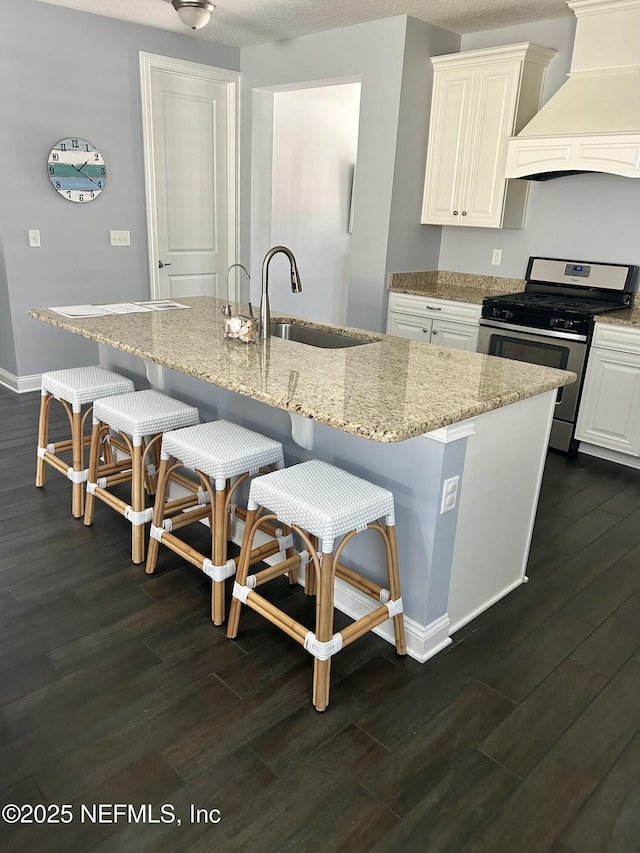 kitchen with gas stove, sink, a center island with sink, and custom exhaust hood