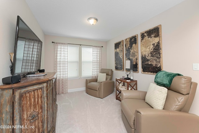 sitting room featuring light carpet