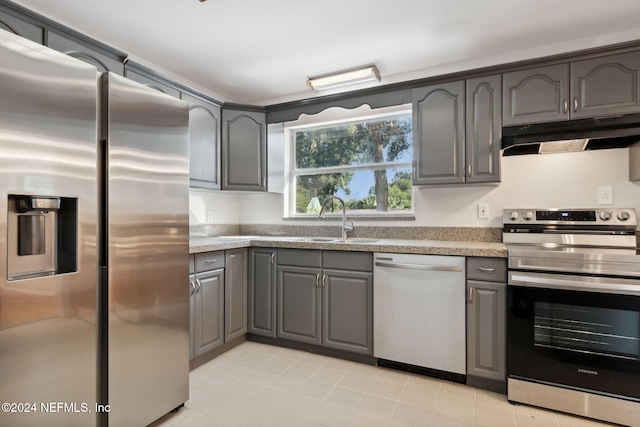 kitchen featuring appliances with stainless steel finishes, sink, and gray cabinets