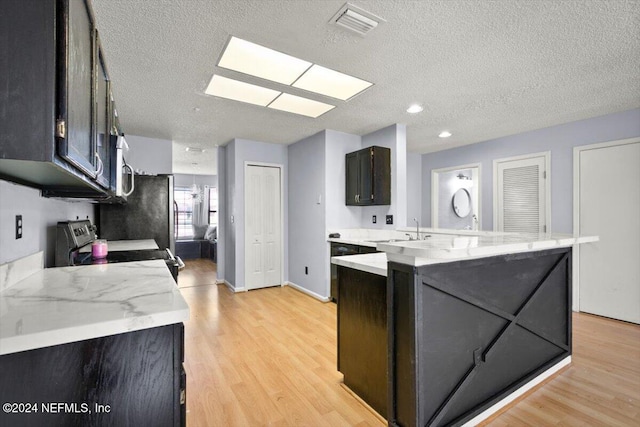 kitchen with light hardwood / wood-style floors, stainless steel appliances, a textured ceiling, and sink