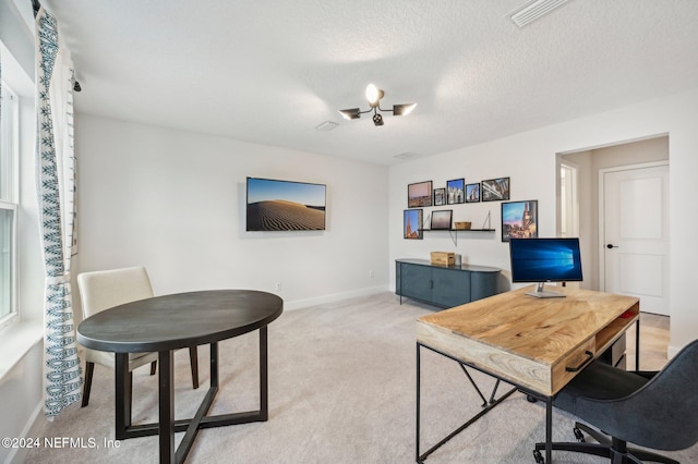 carpeted office space with a textured ceiling