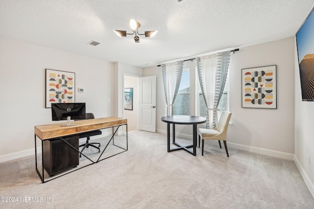 office with light carpet and a textured ceiling