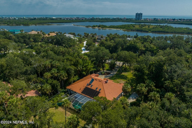 drone / aerial view with a water view