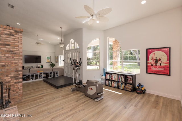 exercise room featuring ceiling fan, vaulted ceiling, and light hardwood / wood-style flooring