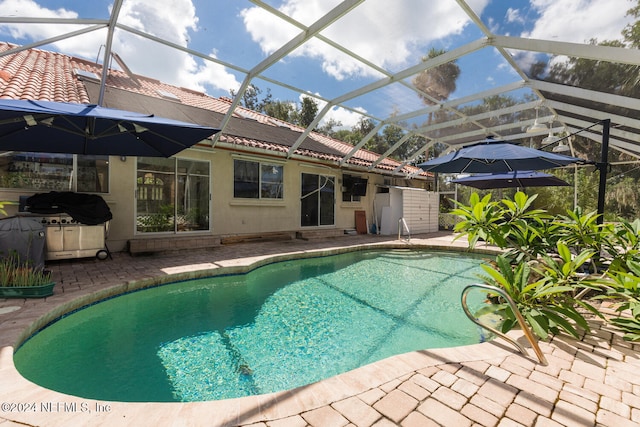 view of swimming pool with a patio and a lanai