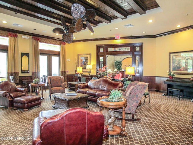 9831 Del Webb Pkwy Unit 2308, Jacksonville, FL 32256 - building lobby featuring wainscoting, crown molding, beam ceiling, recessed lighting, and wood walls