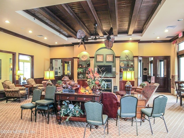9831 Del Webb Pkwy Unit 2308, Jacksonville, FL 32256 - common area featuring a wooden ceiling with exposed beams, ornamental molding, and recessed lighting