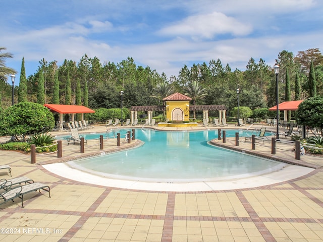 view of swimming pool featuring a patio area