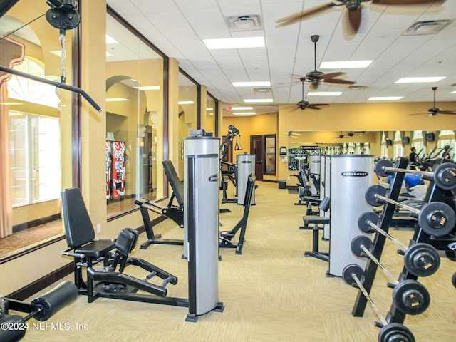 exercise room featuring light colored carpet and a paneled ceiling