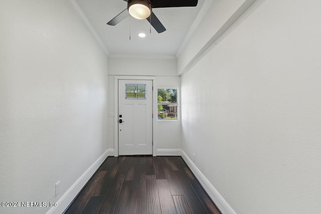 entryway featuring dark hardwood / wood-style flooring, ceiling fan, and crown molding