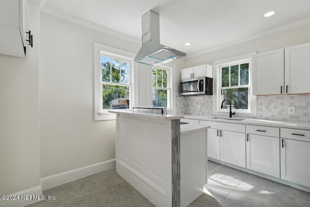 kitchen featuring white cabinets, island range hood, decorative backsplash, and sink