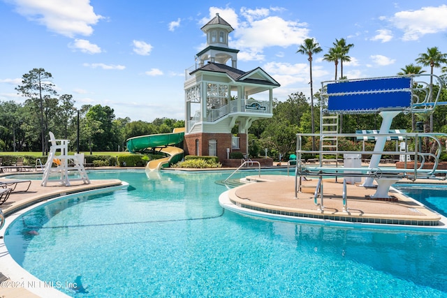 view of swimming pool with a water slide