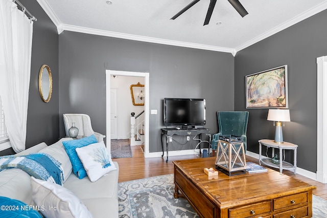 living room featuring crown molding, light hardwood / wood-style floors, and ceiling fan