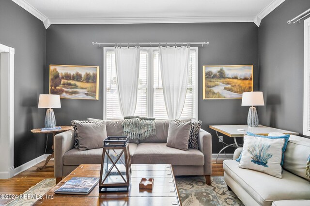 living room with crown molding and wood-type flooring