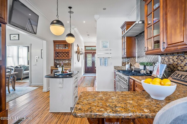 kitchen featuring tasteful backsplash, high end stove, ornamental molding, pendant lighting, and light hardwood / wood-style floors