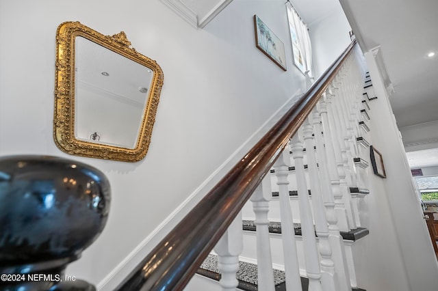 staircase featuring crown molding