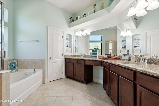 bathroom featuring vanity, separate shower and tub, and tile patterned flooring