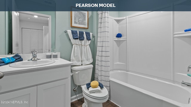 bathroom with toilet, wood finished floors, vanity, and shower / bath combination with curtain